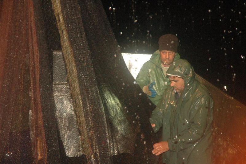 Quando recolhem as redes de pesca para dentro do barco, acontece uma espécie de "chuva salgada".